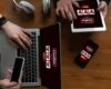 Save Download Preview Close up laptop and smartphone screen with mobile app for online casino lottery.